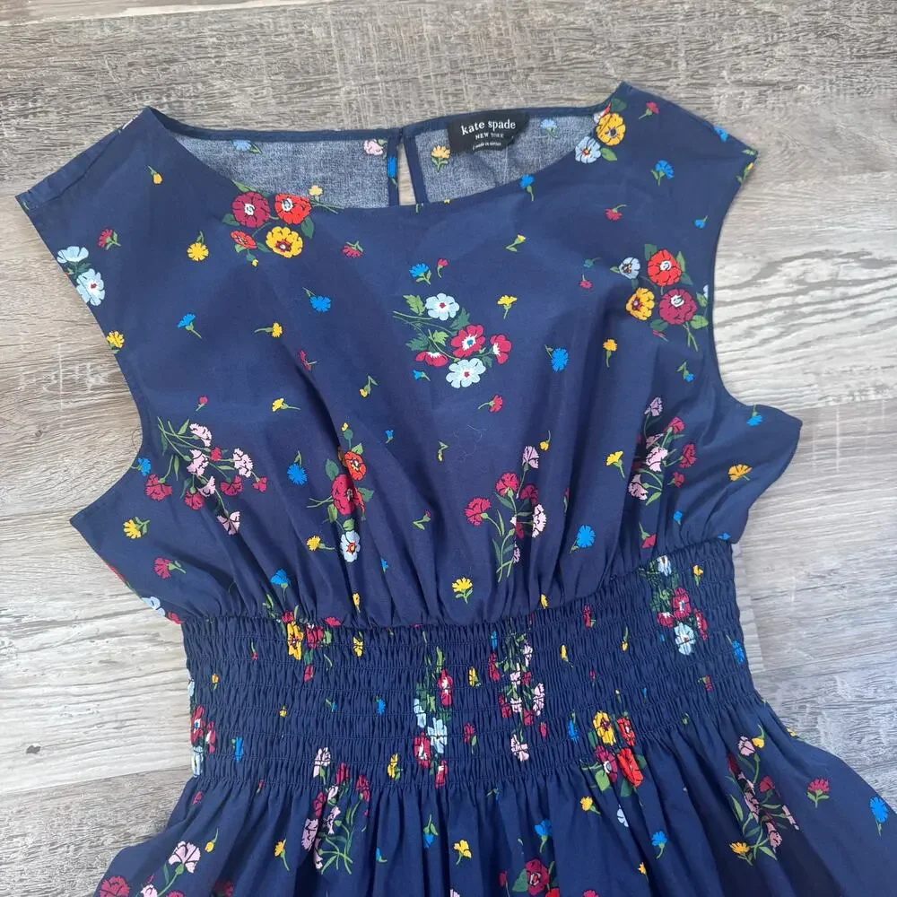 NWT Kate Spade Bouquet Toss Blaire Navy Floral Smocked Cotton Dress Large